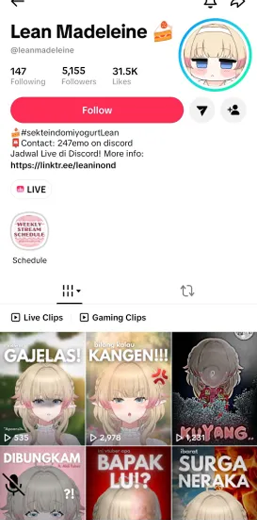 Profil TikTok Leaninu Madeleine
